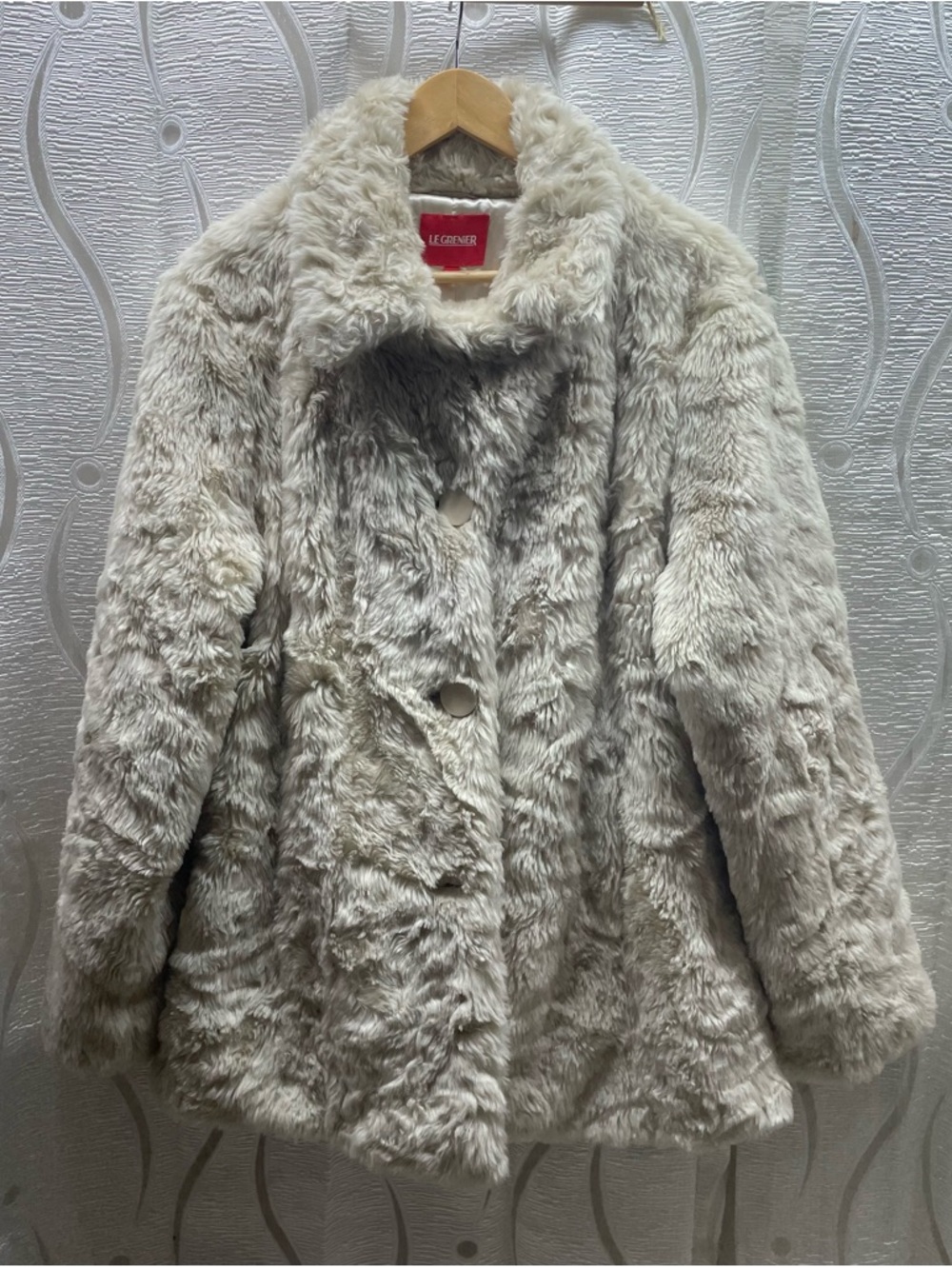 Le Grenier Faux‎ Fur Coat Womens XL Cream Excellent Plush Glam Button Front
